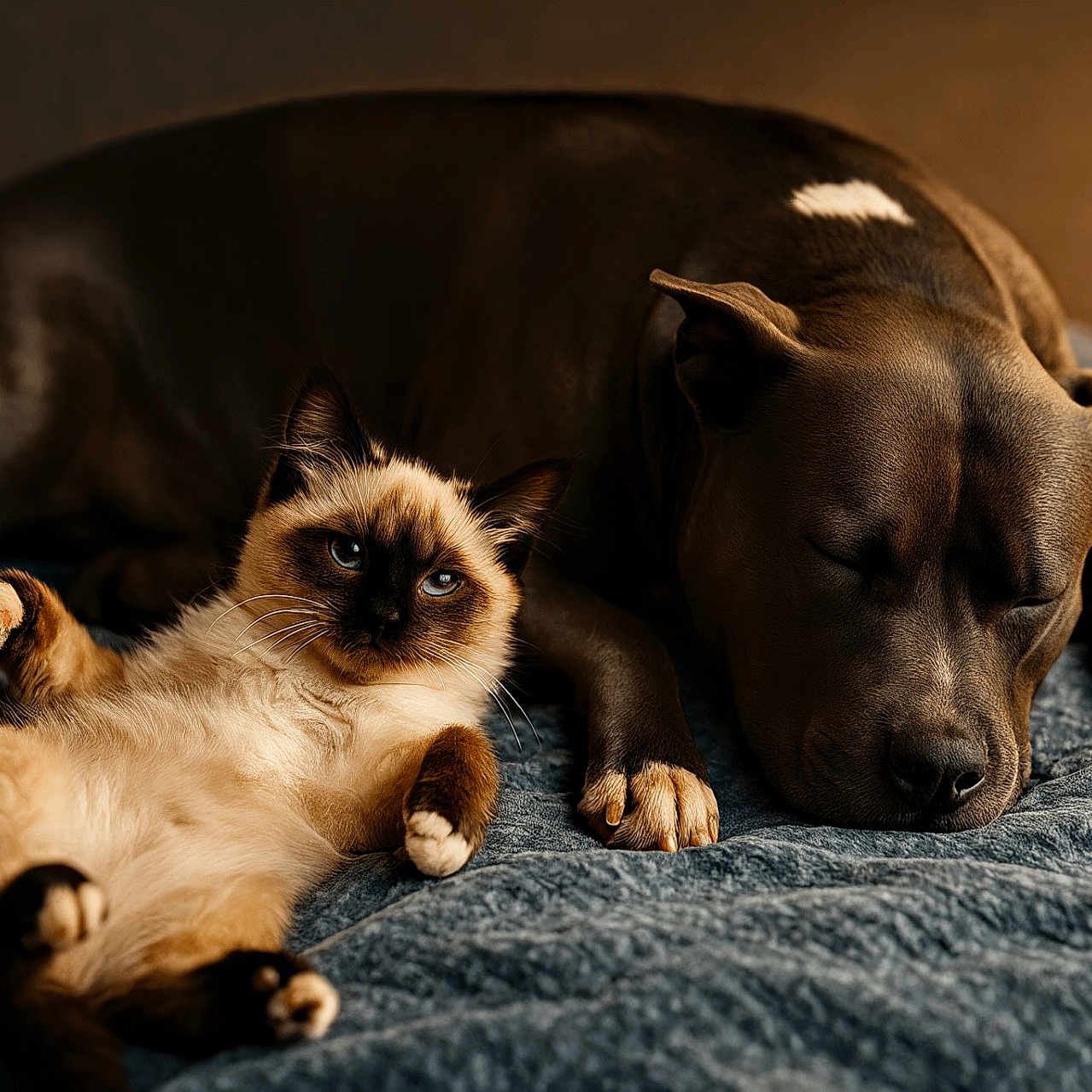 Pearl Est Zeuss participe au concours pour gagner de l'argent avec cette photo : animal, blue_blanket, brown_dog, cat, cozy, cute, dog, domestic, friendship, fur, indoor, laying_down, paws, pet, relaxed, resting, siamese_cat, sleeping, soft_light, whiskers