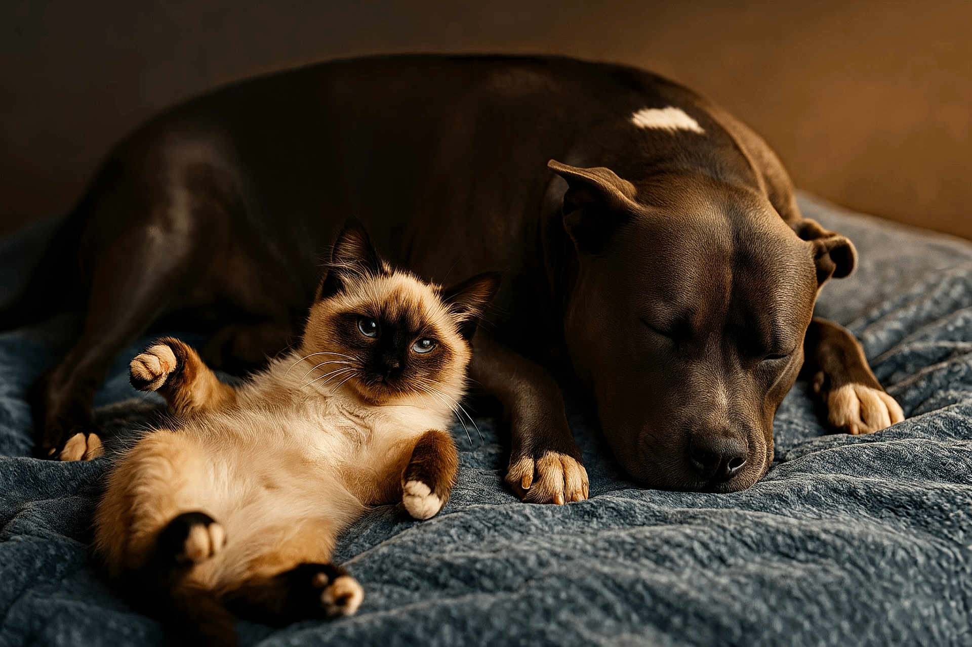 Pearl Est Zeuss participe au concours pour gagner de l'argent avec cette photo : dog, cat, sleeping, relaxed, blue_blanket, indoor, pet, animal, friendship, fur, cozy, resting, cute, whiskers, paws, laying_down, brown_dog, siamese_cat, soft_light, domestic