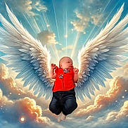 Mélody participe au concours pour gagner de l'argent avec cette photo : angel_wings, baby, child, clouds, cute, dark_pants, dreamy, fantasy, floating, heavenly, infant, peaceful, portrait, radiant_light, red_shirt, serene, sky, soft_lighting, sunlight, wings