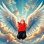 angel_wings, baby, child, clouds, cute, dark_pants, dreamy, fantasy, floating, heavenly, infant, peaceful, portrait, radiant_light, red_shirt, serene, sky, soft_lighting, sunlight, wings