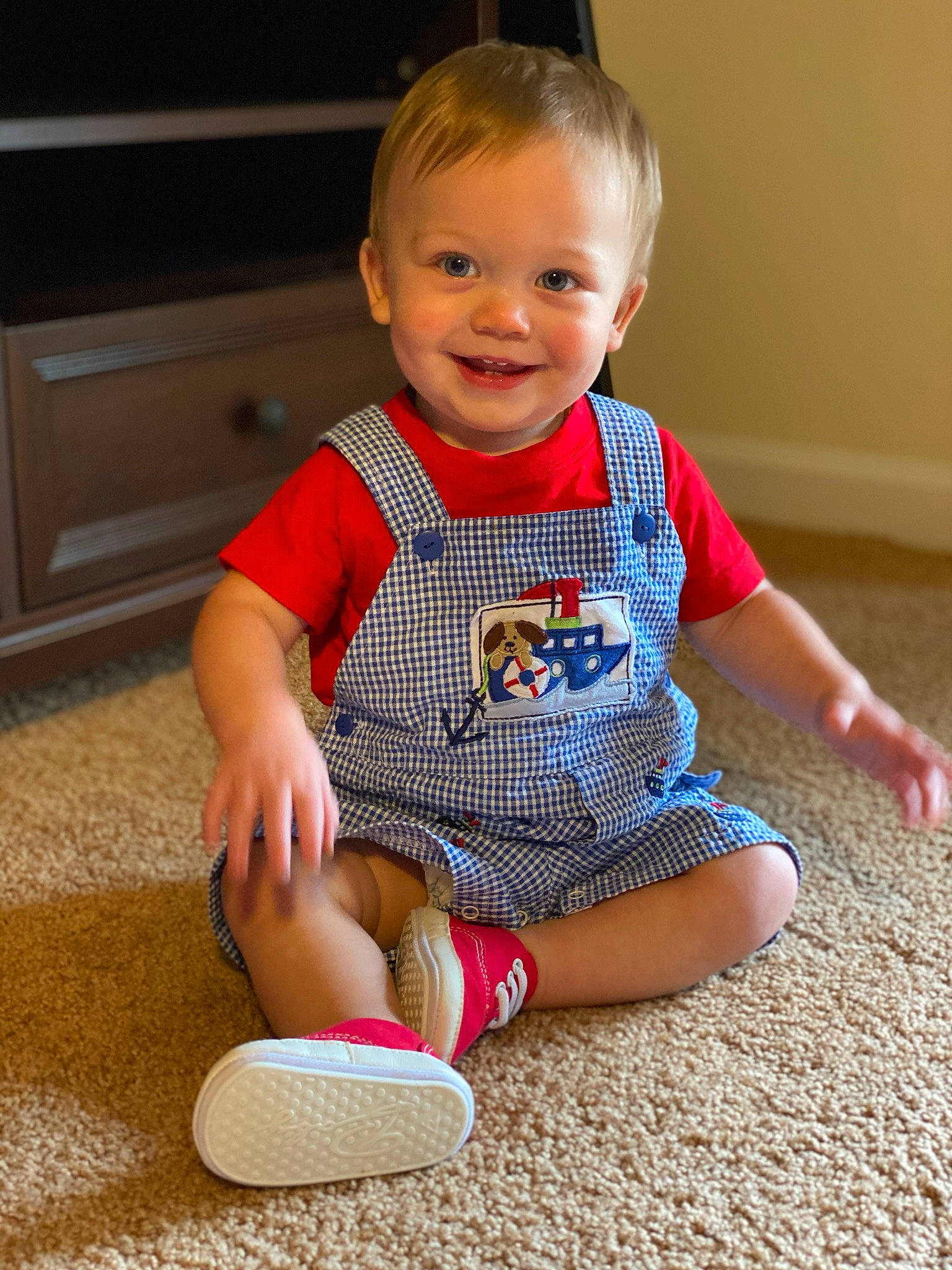 Kasen is registered to the contest to win money with this photo: baby, baby_toddler_clothing, child, floor, flooring, footwear, joy, leg, person, play, shoe, sitting, skin, toddler, toy