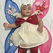 Prisha is registered to the contest to win money with this photo: baby, child, infant, fairy_wings, dress, red_bow, headband, flower, pink, blue, white_background, stockings, cute, smiling, lying_down, soft_fabric, decorative_flowers, portrait, adorable, costume