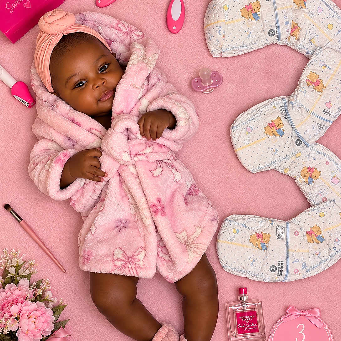 Rivyr is registered to the contest to win money with this photo: baby, baby_shoes, child, comb, dark_skin, diapers, face, flowers, hairbrush, headband, infant, lying_down, makeup_brush, pacifier, perfume, pink, portrait, robe, smiling, three_months