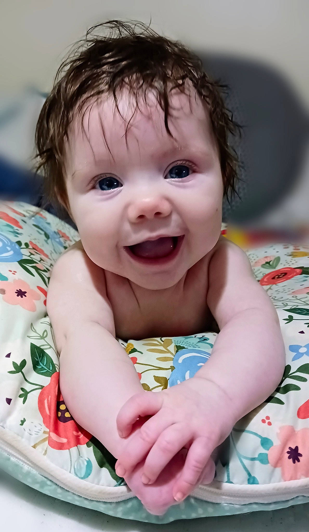 Ellie joined the competition — help win amazing prizes! baby, baby_products, baby_toddler_clothing, cheek, child, close_up, face, facial_expression, finger, fun, happy, iris, joy, lip, mouth, nose, person, pink, sitting, skin