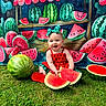 baby, child, watermelon, fruit, grass, outdoor, smiling, red_clothing, headband, green_bow, food, summer, cute, playful, background, colorful, sitting, nature, happy, portrait