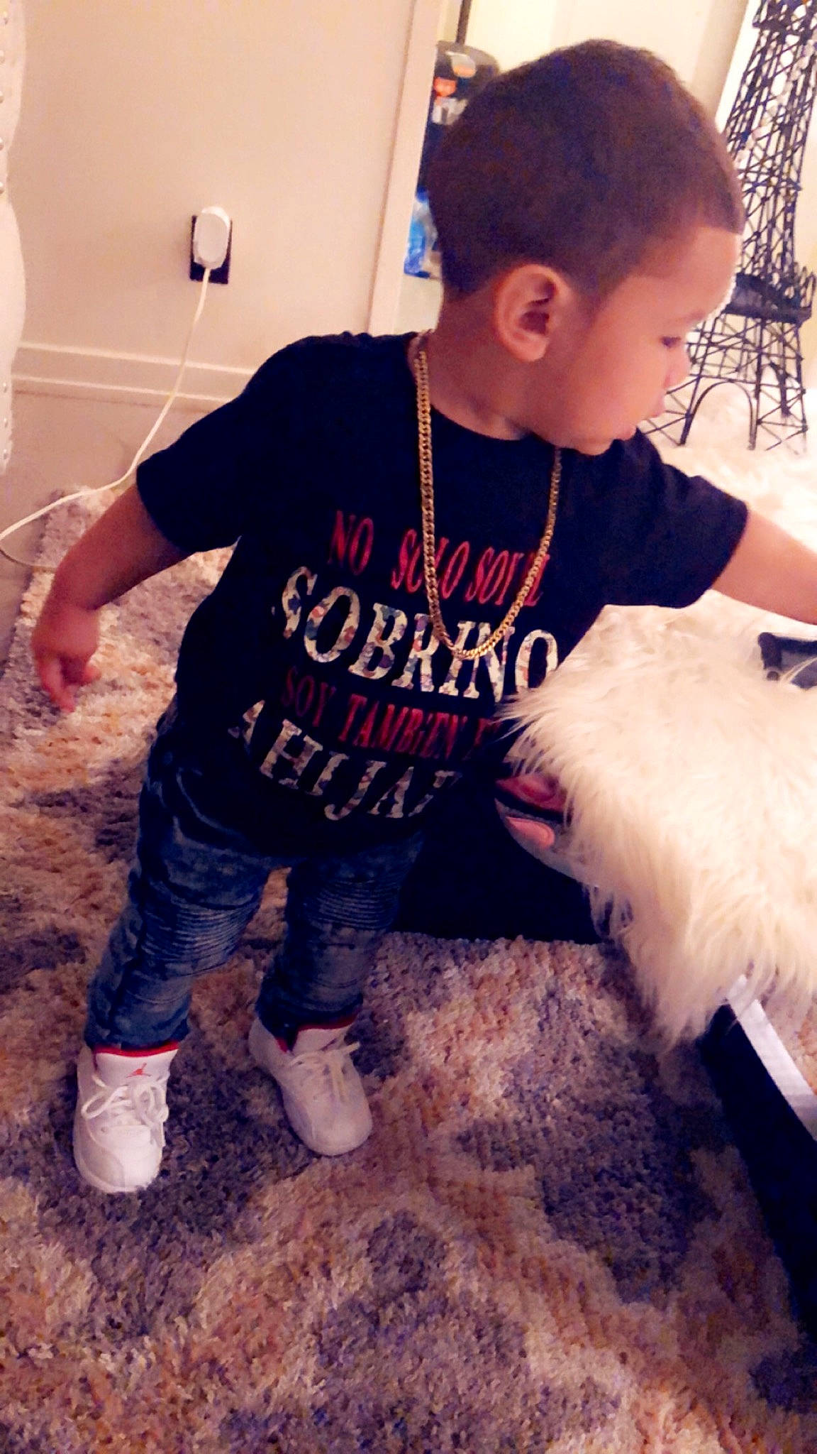 Oziel joined the competition — help win amazing prizes! arm, child, cool, fur, jeans, outerwear, person, sleeve, t_shirt, toddler, top