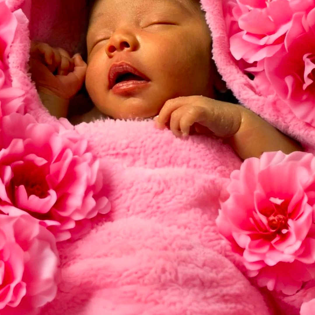 Raeleigh is registered to the contest to win money with this photo: baby, blanket, carnation, clothing, face, flower, geranium, glove, head, newborn, person, petal, photography, plant, portrait, purple, quilt, rose, sleeping, towel