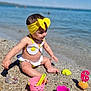 baby, beach, bikini, blue, bucket, candle, child, cupcake, headband, outdoor, pink, playing, sand, sea, starfish_toy, summer, sunny, toy, water, yellow