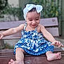 barefoot, bench, blue, bow, child, cute, dress, garden, happy, headband, nature, outdoor, pattern, person, playful, sitting, smiling, toddler, wood, young