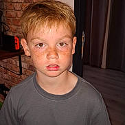 Antoine participe au concours pour gagner de l'argent avec cette photo : child, boy, freckles, indoor, brick_wall, grey_shirt, short_hair, person, portrait, casual_clothing, standing, neutral_expression, flash_photo, doorway, curtain, flooring, light_skin, short_sleeves, young, home_interior