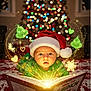 Zaiden is registered to the contest to win money with this photo: baby, santa_hat, christmas_tree, book, glowing_light, grinch, holiday, festive, pajamas, indoors, magic, sparkles, child, bedspread, red, green, face, wide_eyes, holiday_decor, cute