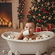 Zaiden is registered to the contest to win money with this photo: baby, marshmallows, bathtub, christmas_tree, fireplace, holiday, festive, decorations, child, smiling, indoors, floor, vintage, clawfoot_tub, toys, cute, warm_lighting, celebration, holiday_season, fun