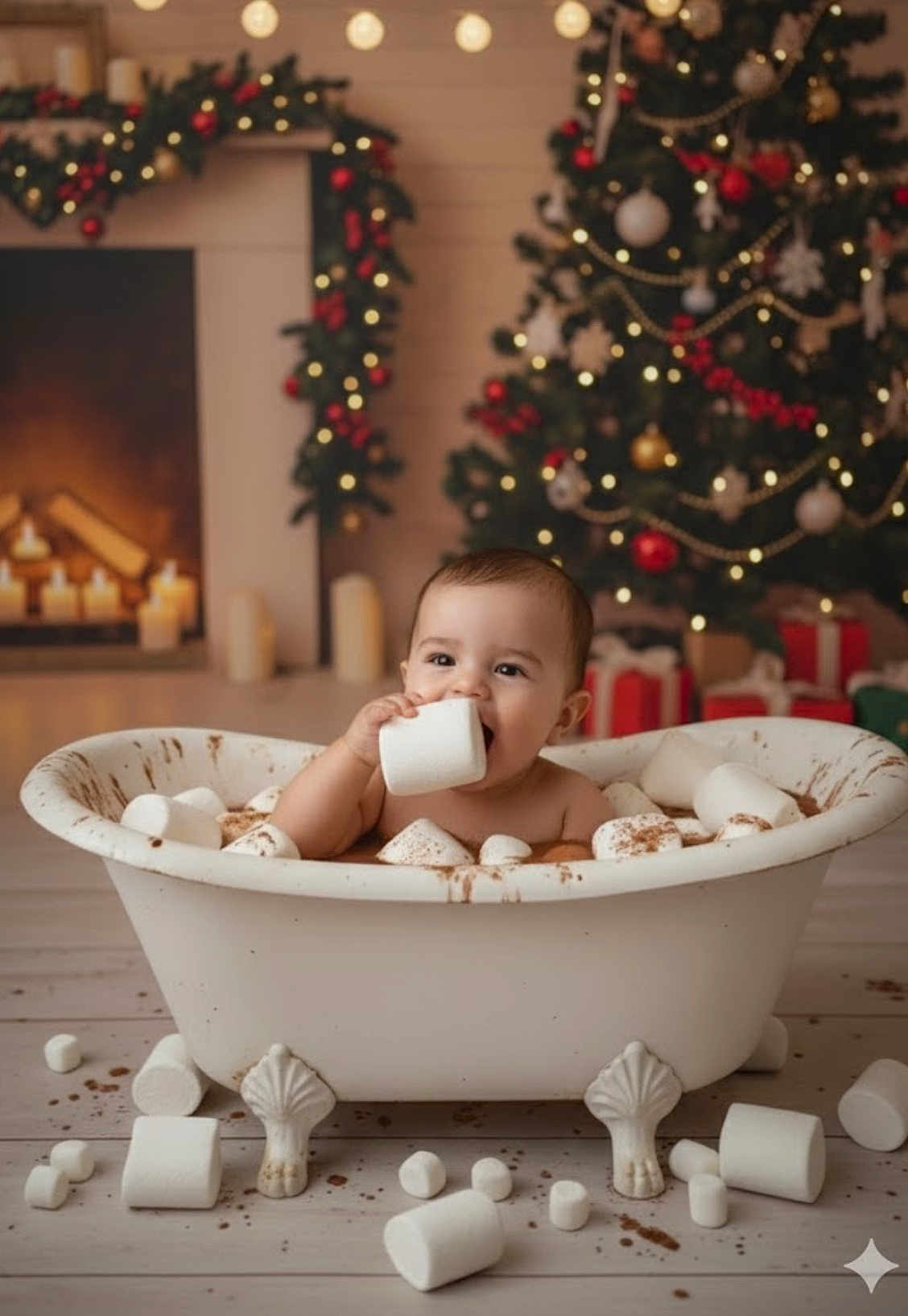 Zaiden is registered to the contest to win money with this photo: baby, marshmallows, bathtub, christmas_tree, fireplace, holiday, festive, decorations, child, smiling, indoors, floor, vintage, clawfoot_tub, toys, cute, warm_lighting, celebration, holiday_season, fun