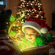 Zaiden joined the competition — help win amazing prizes! toddler, child, santa_hat, christmas_tree, book, reading, holiday, magic, glowing, grinch, pajamas, blanket, indoors, lighting, smiling, festive, cozy, floor, illustration, winter