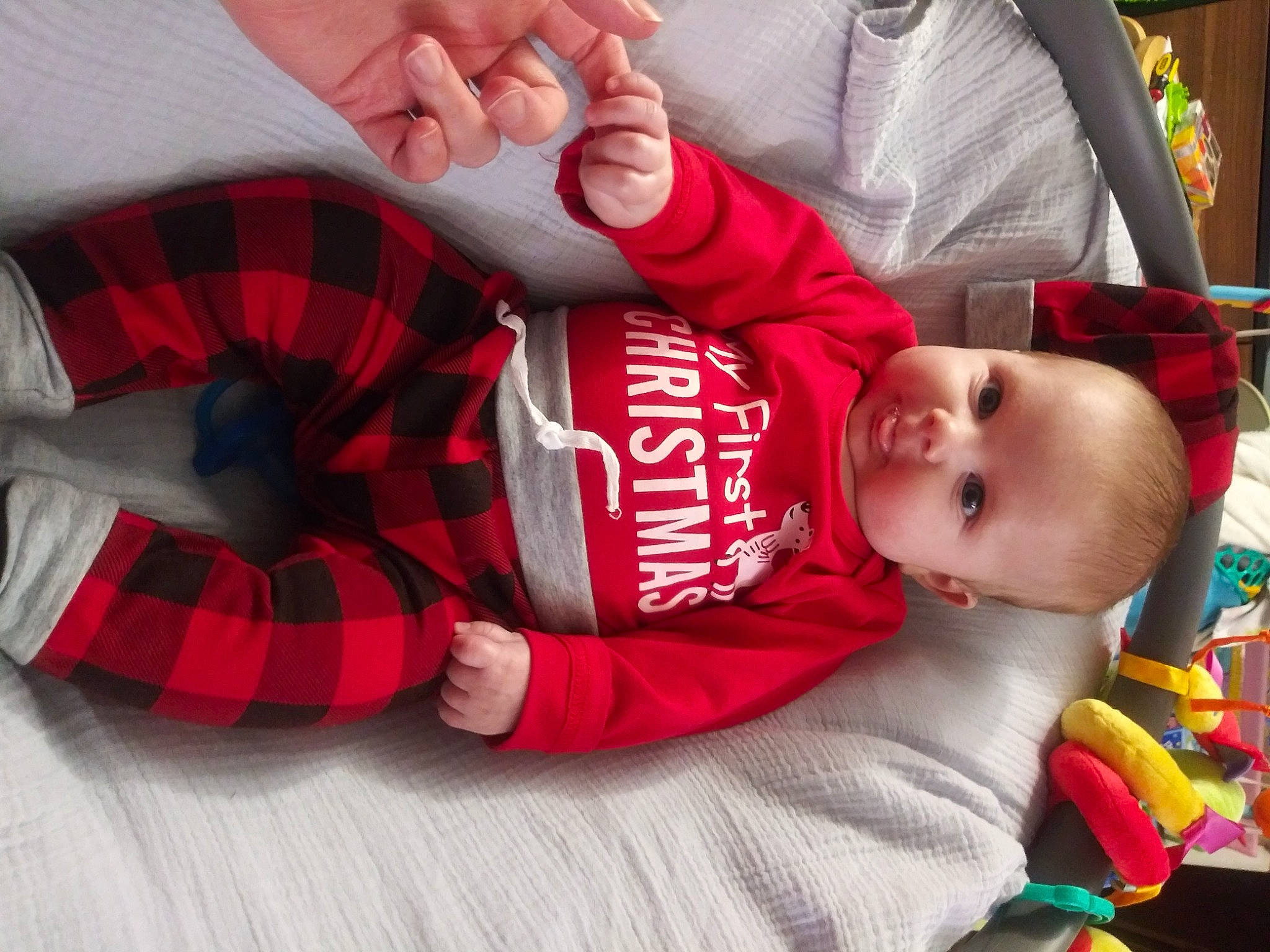 Torryn is registered to the contest to win money with this photo: baby, baby_toddler_clothing, child, comfort, dress, event, hand, happy, mammal, mouth, pattern, person, plaid, red, sleeve, tartan, thigh, toddler, tree, vertebrate