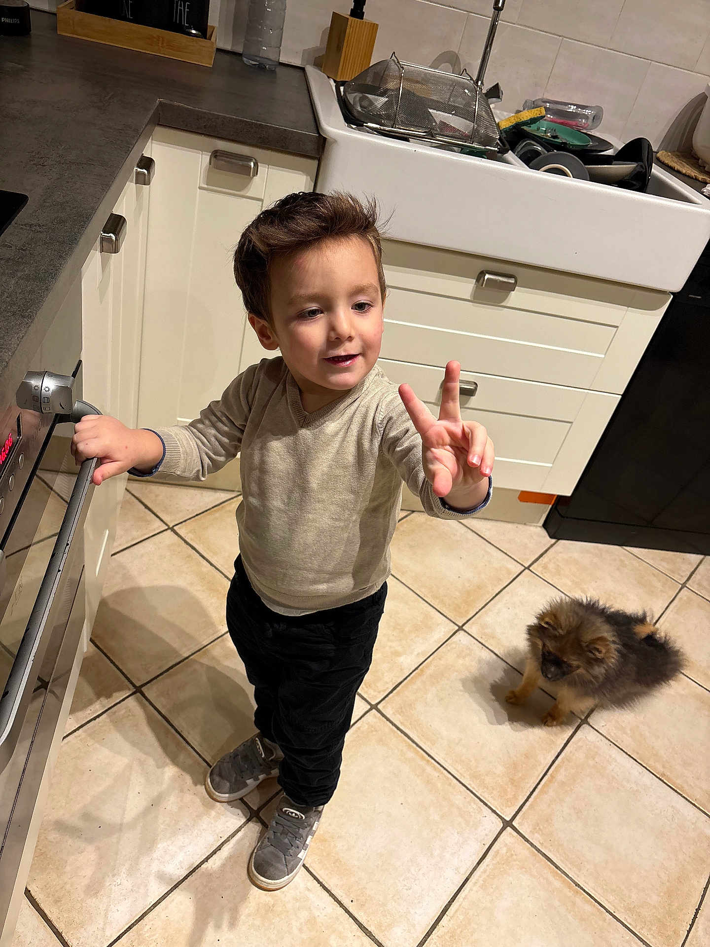 Dinis a rejoint le concours — aidez-le/la à gagner de superbes lots ! black_pants, boy, cabinet, child, dish_rack, dog, fluffy_dog, gray_shoes, indoor, kitchen, kitchen_counter, oven, peace_sign, sink, small_dog, smiling, standing, sweater, tile_floor, utensils