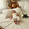 baby, bed, pillow, balloon, teddy_bear, flower, bouquet, white, sleeping, infant, cozy, soft, room, curtain, blanket, cute, child, relaxing, interior, decor