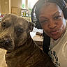 Chaos joined the competition — help win amazing prizes! dog, person, selfie, portrait, headphones, indoors, home, sitting, short_hair, brown_dog, pit_bull_type, pet, companion, face, eyes, nose, smiling, casual_clothing, furniture, natural_light
