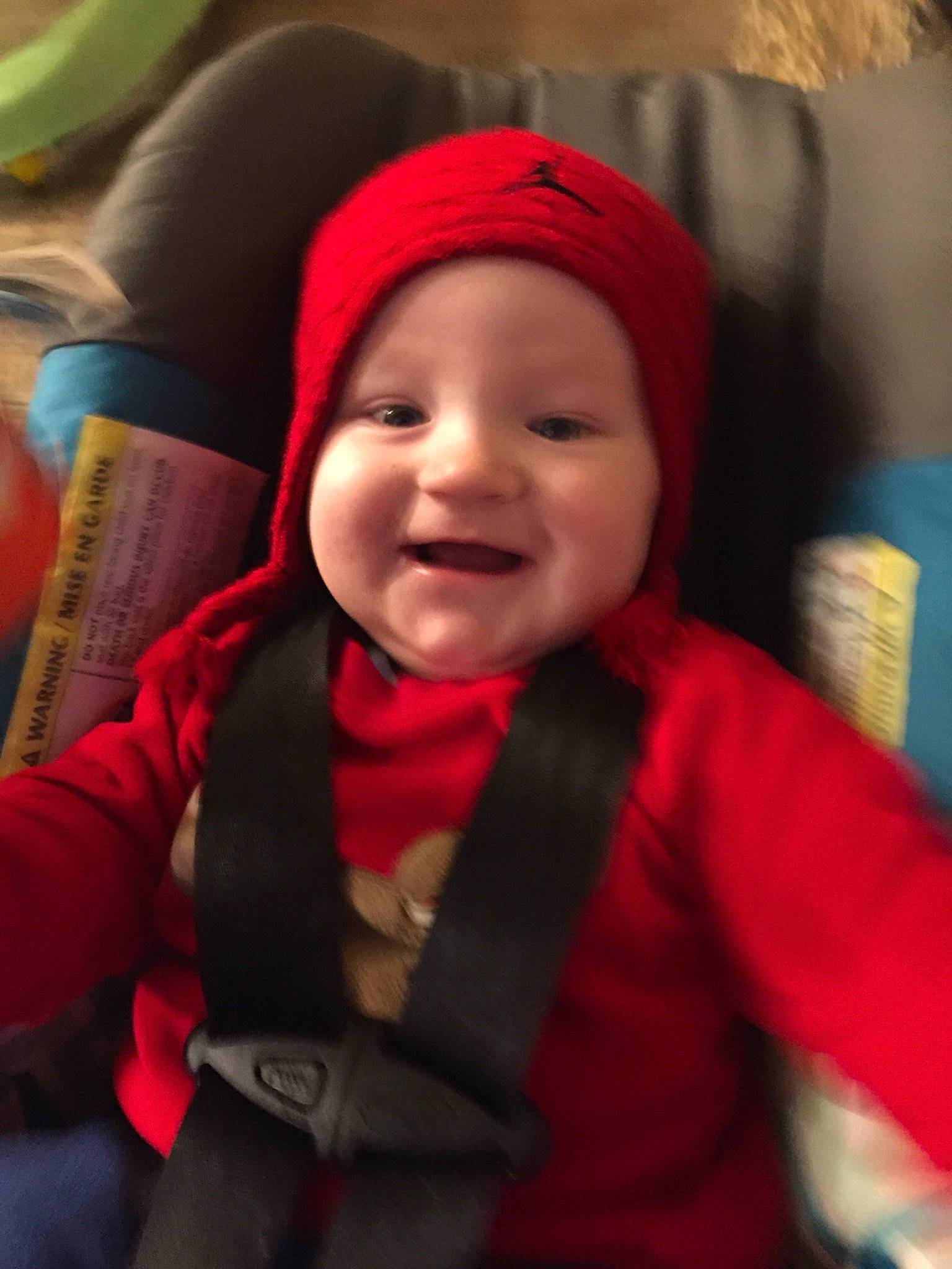 Kaiden is registered to the contest to win money with this photo: baby, cheek, child, headgear, joy, person, red, skin, smile, toddler