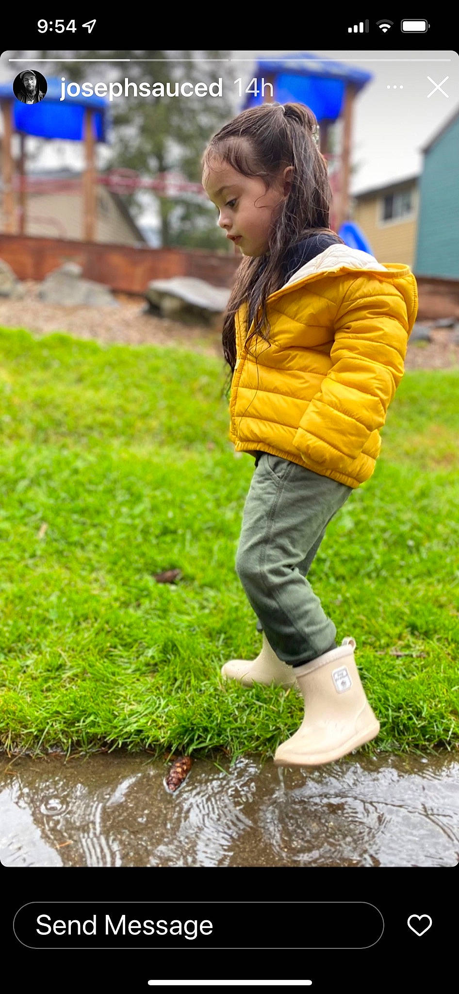 Zoey joined the competition — help win amazing prizes! child, flooring, fun, garden, grass, grassland, happy, jacket, landscape, lawn, leisure, people_in_nature, person, photograph, play, puddle, recreation, sitting, soil, toddler