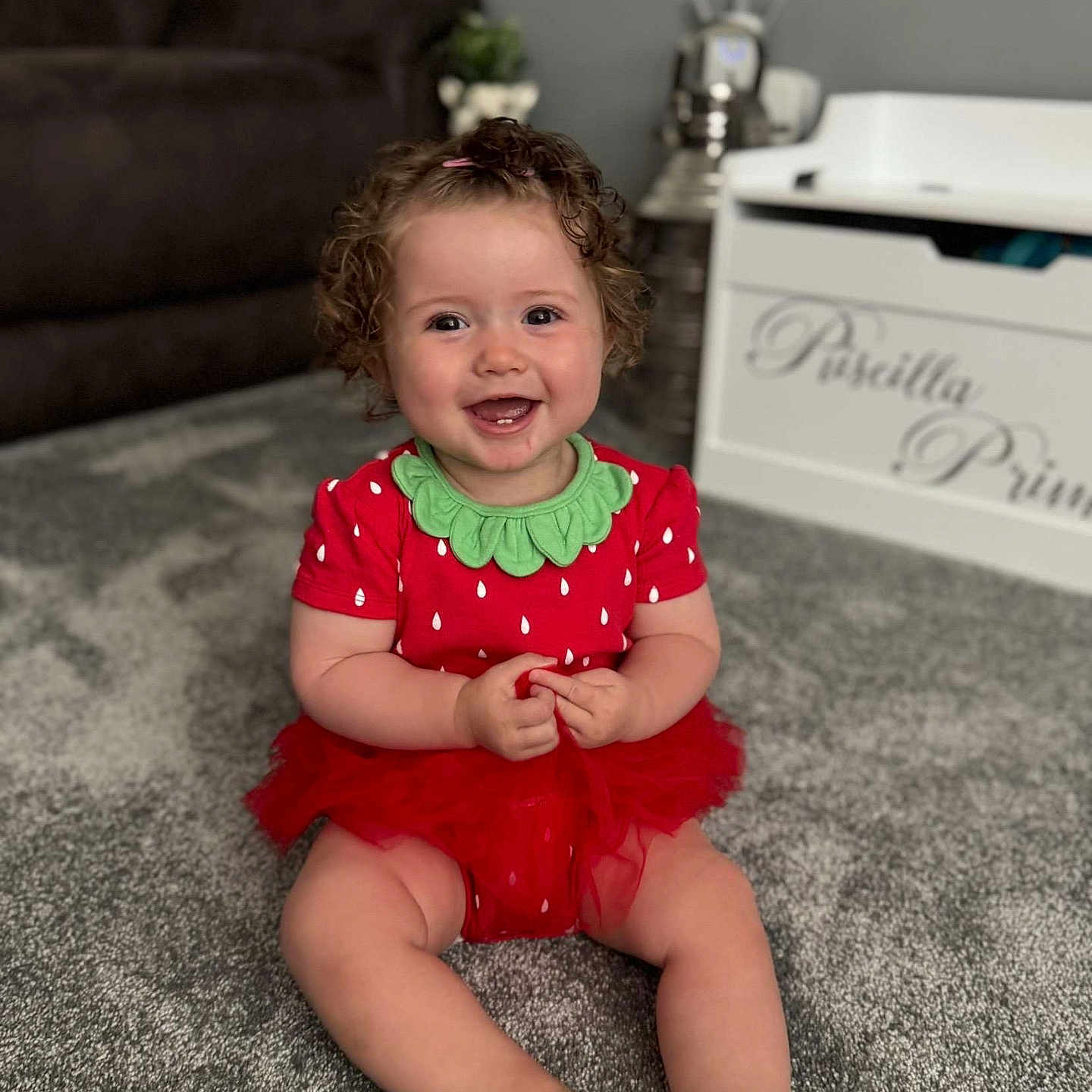 Priscilla is registered to the contest to win money with this photo: baby, barefoot, carpet, child, curly_hair, cute, furniture, green_collar, happy, home, indoor, person, plant, portrait, red_dress, sitting, smiling, toddler, toy_box, tutu