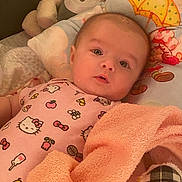 Celesté is registered to the contest to win money with this photo: baby, blanket, child, clothing, colorful, comfort, cute, eyes, face, hello_kitty, indoor, infant, pattern, pillow, plush, rest, sleeping_area, soft_toys, towel, young