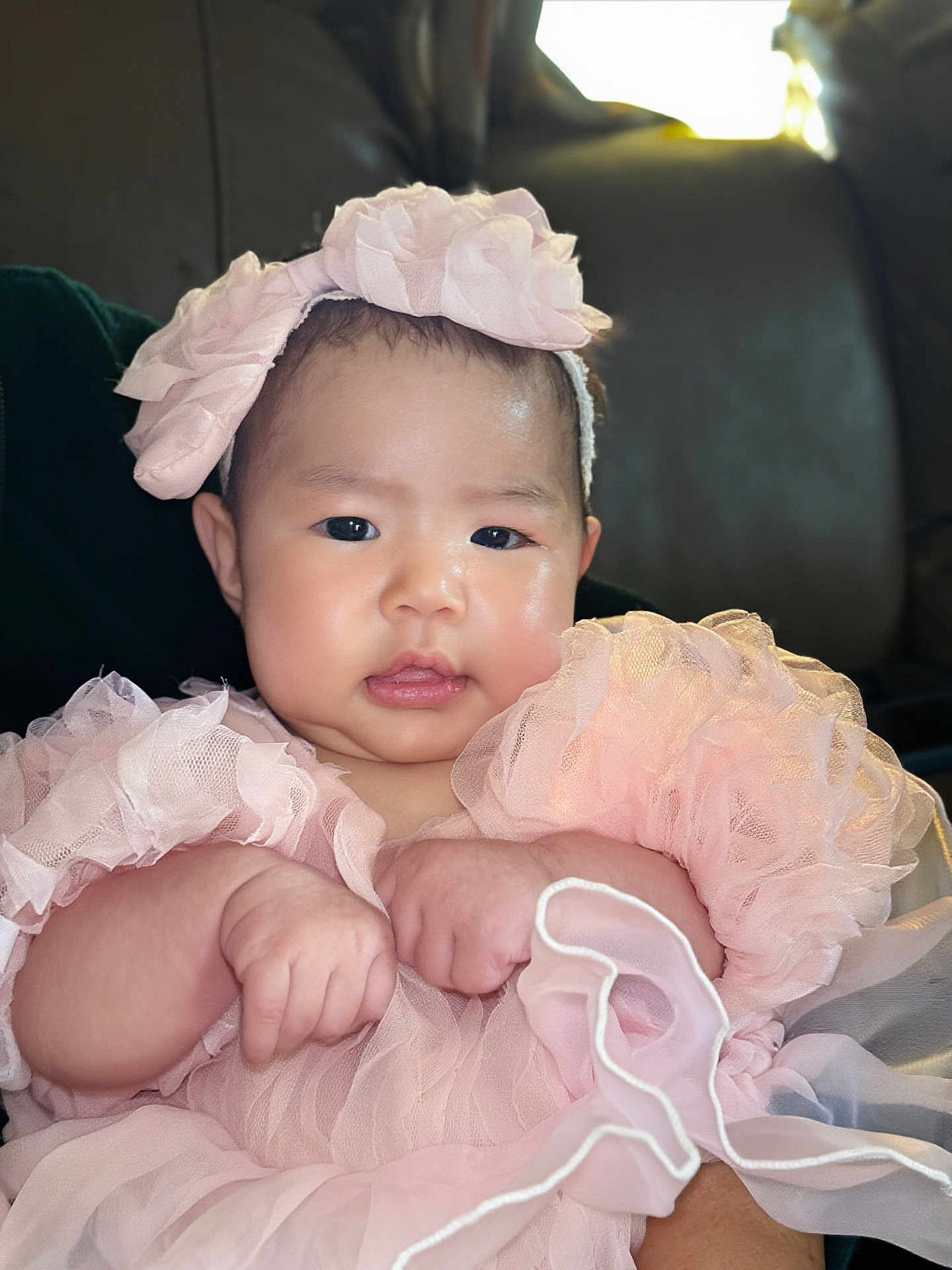 Ingsy joined the competition — help win amazing prizes! baby, infant, pink_dress, headband, cute, chubby_cheeks, portrait, hands, indoor, soft_lighting, close_up, child, adorable, fashion, person, face, skin, expression, seated, young