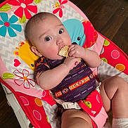 Daedra is registered to the contest to win money with this photo: baby, baby_chair, child, chubby_cheeks, colorful, curious_eyes, cute, eating, floor, food, hand, indoor, infant, legs, patterned, pink, purple, seatbelt, socks, wooden_floor