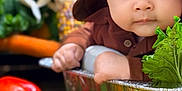Mathias joined the competition — help win amazing prizes! baby, child, hoodie, bunny_ears, vegetables, bell_pepper, carrot, lettuce, greenery, metal_container, cute, portrait, indoors, fresh, healthy, food, playful, face, expression, infant