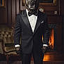 Mischief is registered to the contest to win money with this photo: dog, tuxedo, top_hat, monocle, bow_tie, suit, anthropomorphic, fireplace, portrait, armchair, oriental_rug, wooden_paneling, formal_wear, pocket_square, polished_shoes, paws, antique_clock, vintage_decor, elegant, indoor