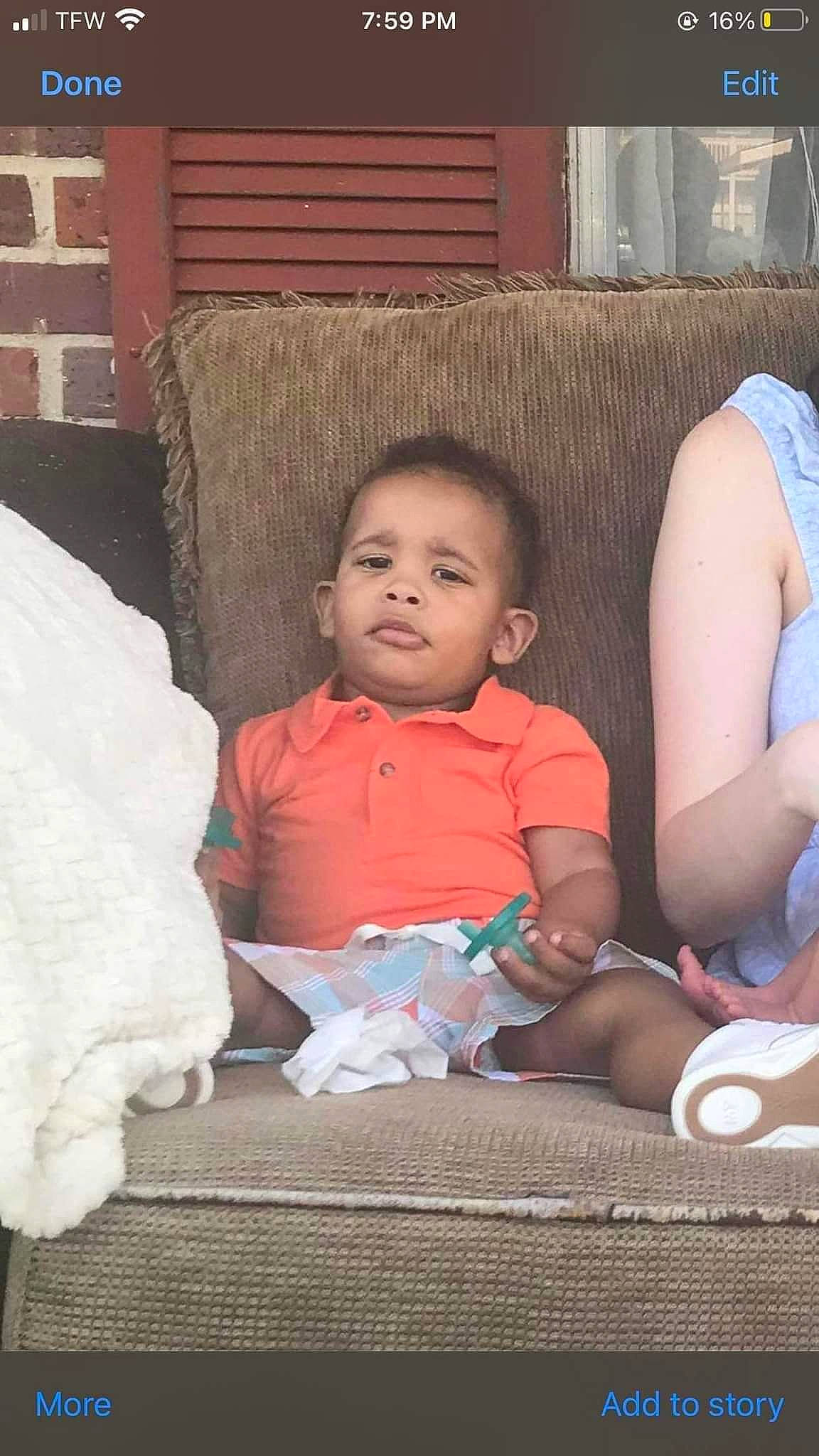 Ethan is registered to the contest to win money with this photo: baby, baby_toddler_clothing, cheek, child, comfort, event, eye, face, fun, happy, head, human_body, iris, lap, mouth, person, sitting, skin, textile, toddler