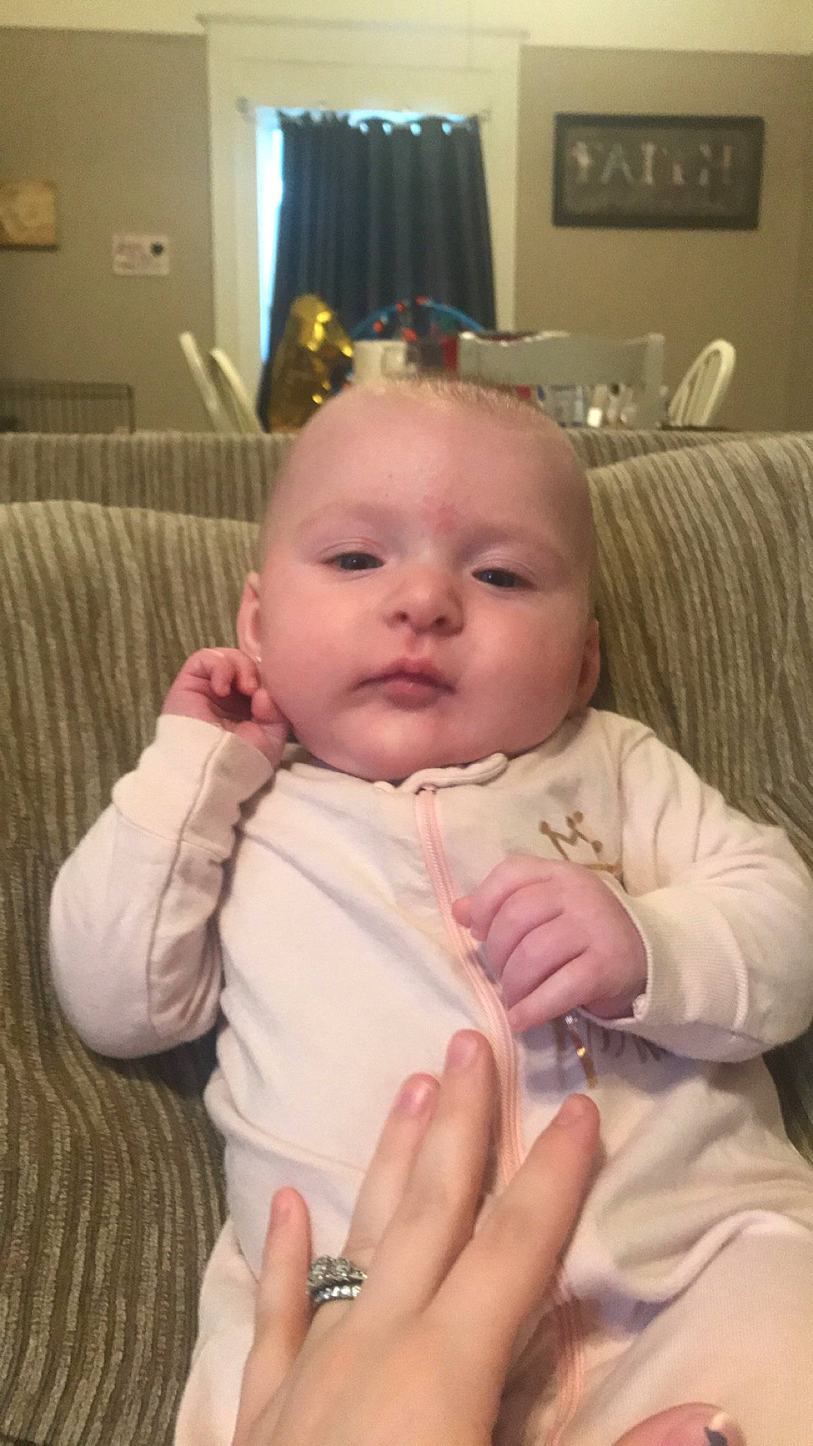 Harper joined the competition — help win amazing prizes! arm, baby_toddler_clothing, cheek, chin, comfort, ear, eye, eyebrow, face, facial_expression, finger, gesture, hand, head, iris, lip, mouth, neck, nose, person