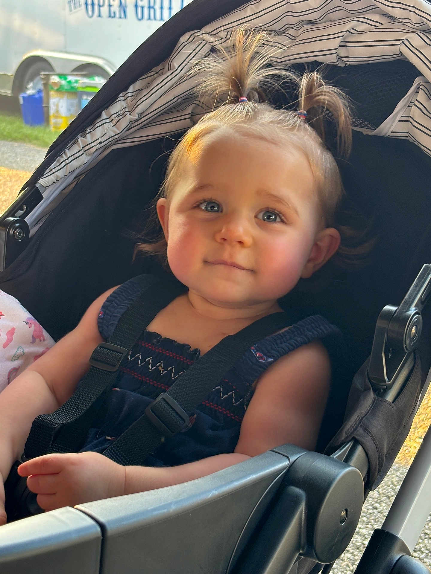 Paisley is registered to the contest to win money with this photo: toddler, child, baby, stroller, pigtails, hair, face, blue_eyes, smile, clothing, seatbelt, outdoor, sunlight, expression, hand, portrait, cute, person, infant, casual