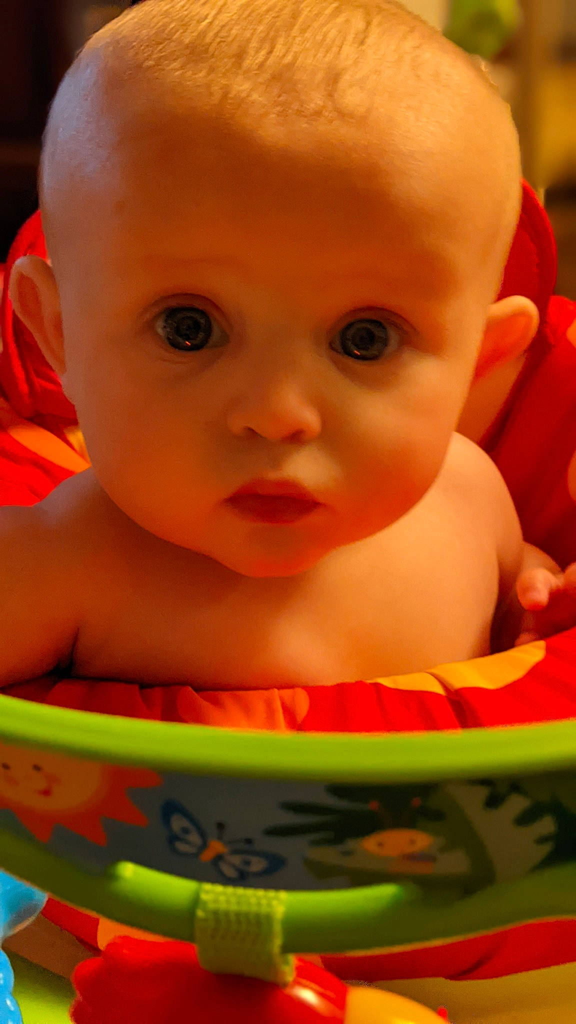 Charlee joined the competition — help win amazing prizes! baby, baby_playing_with_toys, cheek, child, chin, eyebrow, facial_expression, fun, hairstyle, happy, iris, lip, mouth, nose, orange, person, pink, product, red, skin