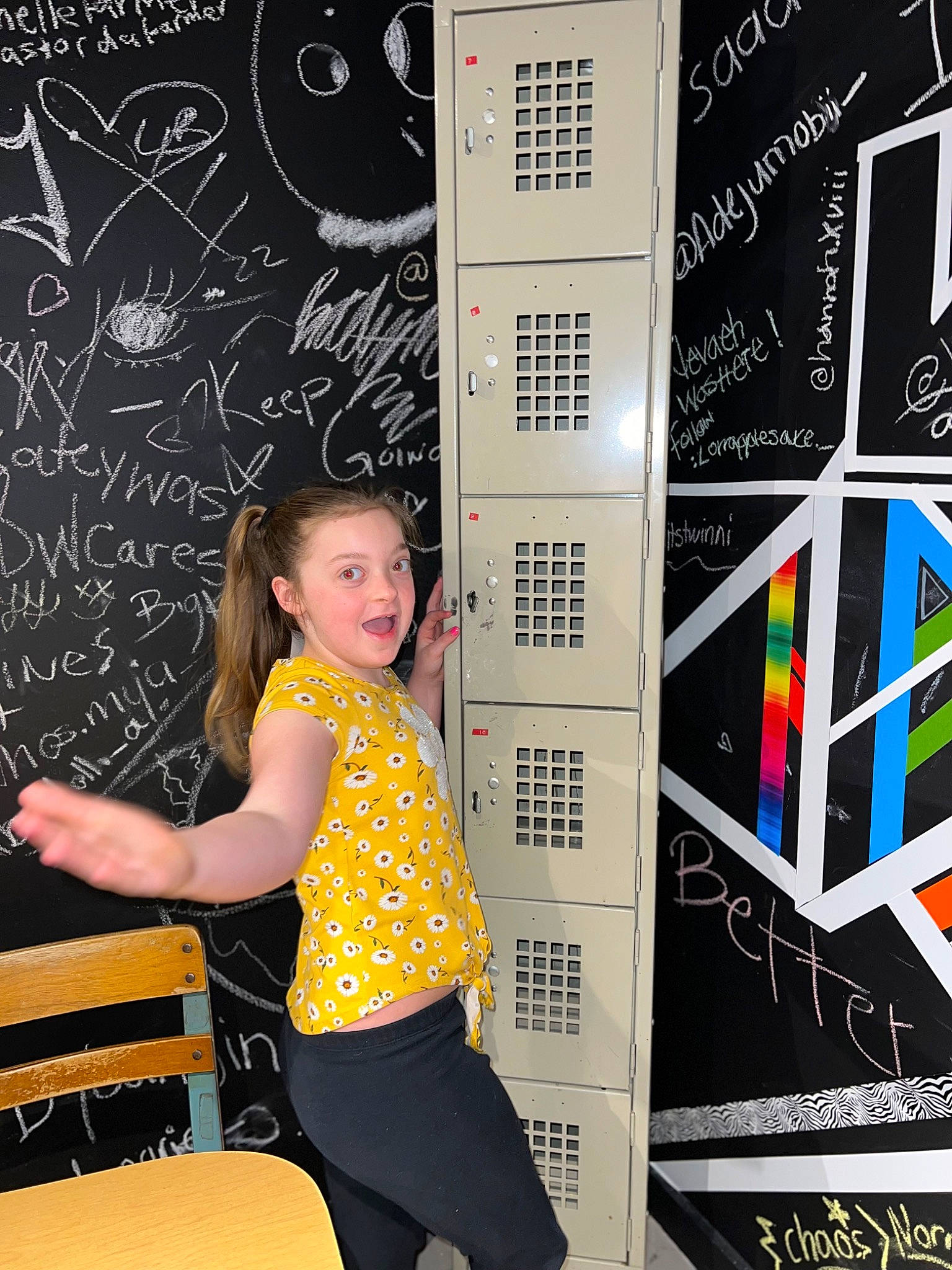 June joined the competition — help win amazing prizes! black, blackboard, chair, chalk, design, flash_photography, font, human_leg, knee, line, pattern, person, room, sitting, smile, snapshot, space, t_shirt, thigh, waist