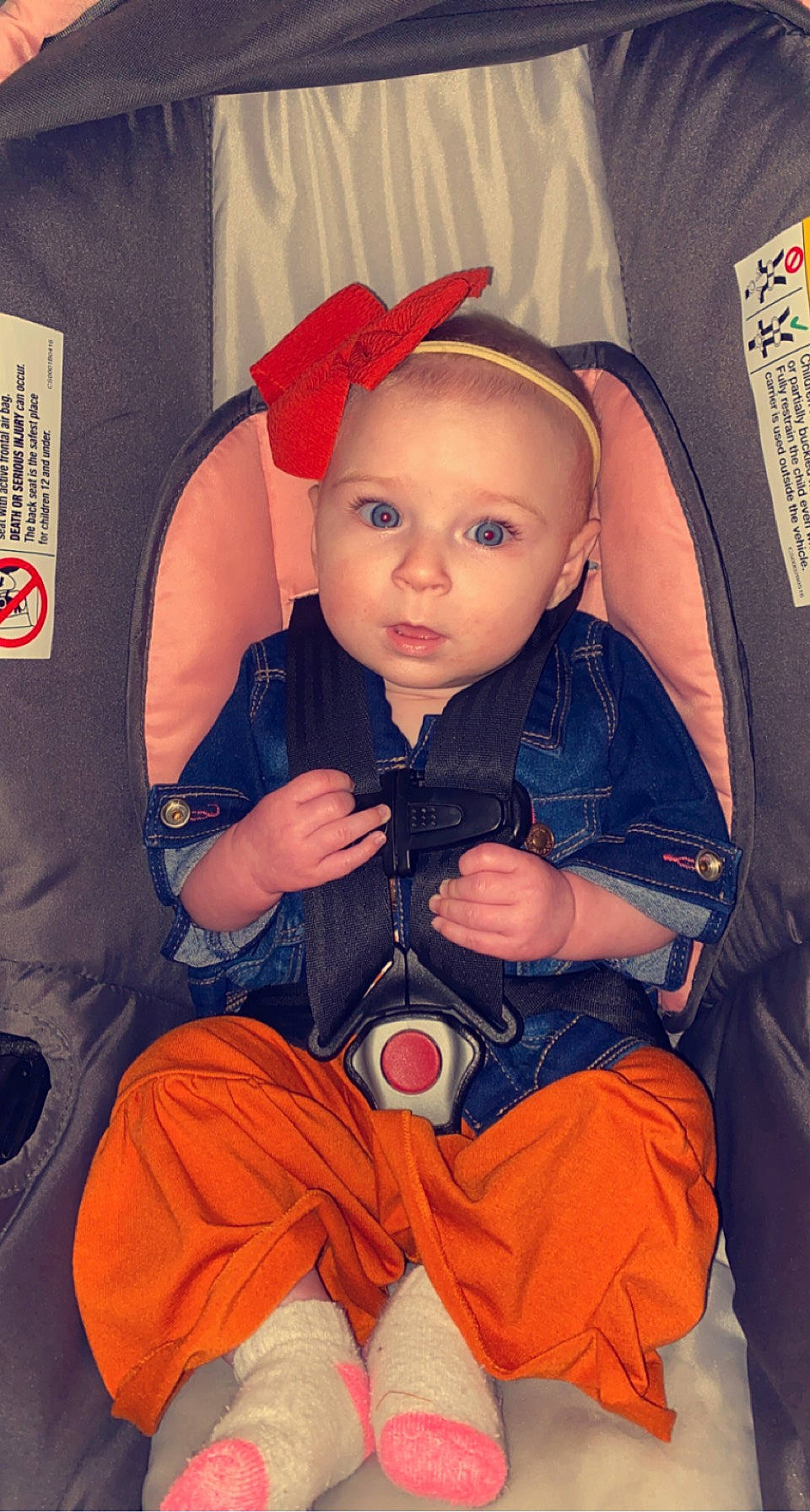 Camrynn is registered to the contest to win money with this photo: baby, baby_toddler_clothing, cheek, child, chin, comfort, cool, electric_blue, eye, fashion_accessory, fun, hairstyle, happy, orange, outerwear, person, product, sitting, skin, sleeve