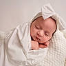 baby, newborn, sleeping, blanket, white, bow, headband, soft, cozy, wrapped, infant, peaceful, cute, portrait, child, indoors, texture, warm, resting, toddler