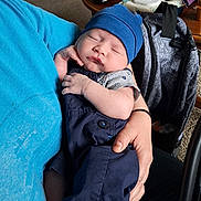 Kyren is registered to the contest to win money with this photo: baby, sleeping, blue_hat, navy_outfit, person, arm, hand, table, baby_bottle, baby_wipes, backpack, carpet, clothing, indoor, timestamp, casual, home, holding, resting, peaceful