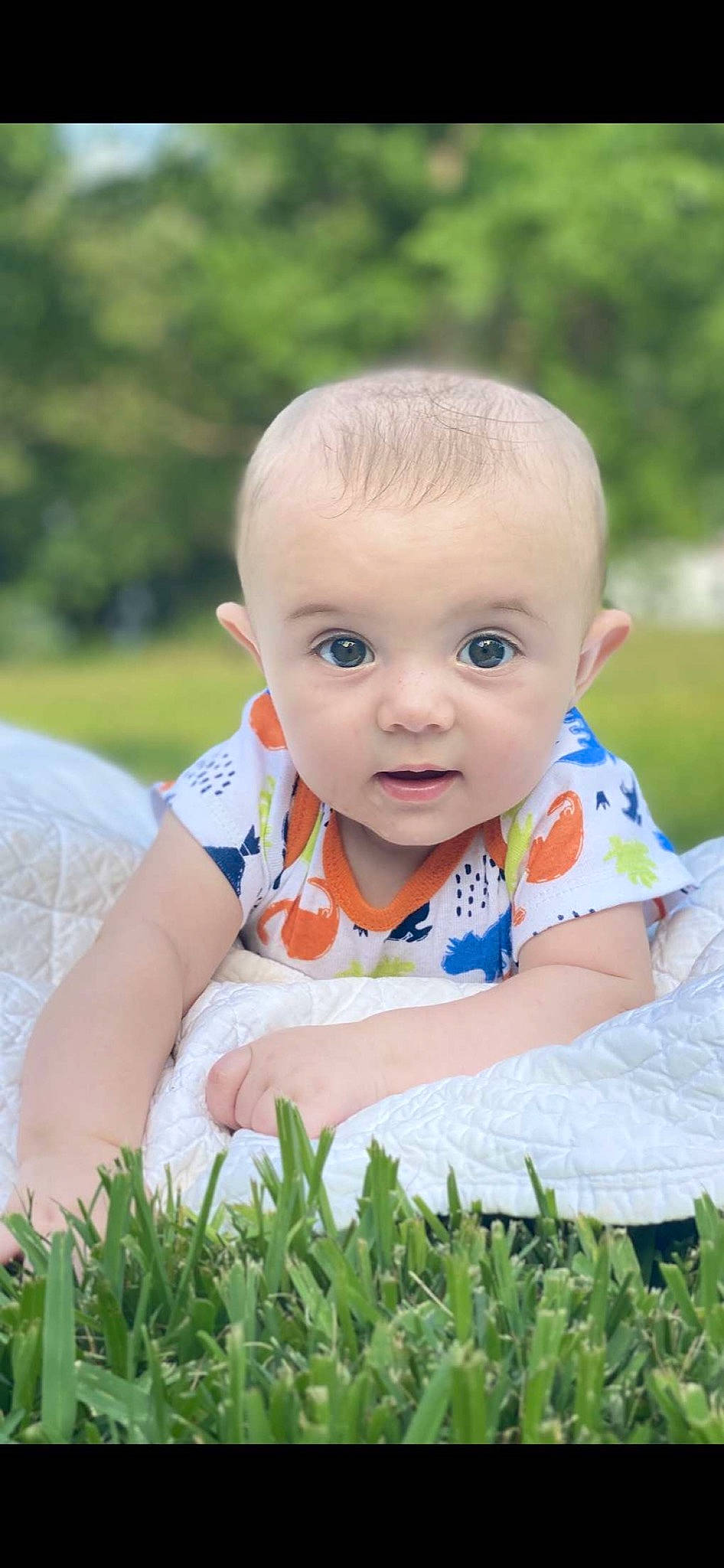 Caine is registered to the contest to win money with this photo: baby, baby_toddler_clothing, cheek, dress, fun, grass, grass_family, happy, iris, leisure, mammal, people_in_nature, person, plant, shirt, skin, sleeve, sunlight, t_shirt, toddler