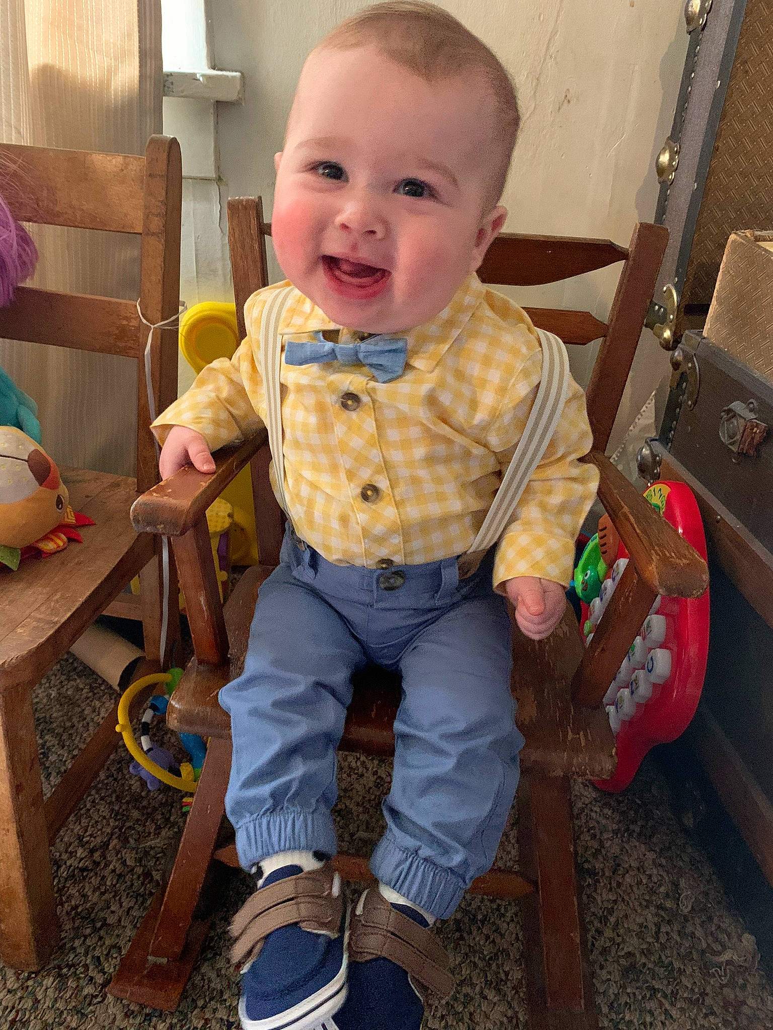 Kyson is registered to the contest to win money with this photo: baby, baby_toddler_clothing, chair, cheek, child, chin, eye, face, fun, happy, head, iris, people, person, product, skin, smile, standing, t_shirt, toddler