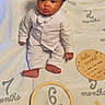 baby, infant, child, milestone, white_suit, blanket, floor, wood_floor, sitting, portrait, indoors, cute, face, curly_hair, expression, six_months, clothing, person, young_child, milestone_marker