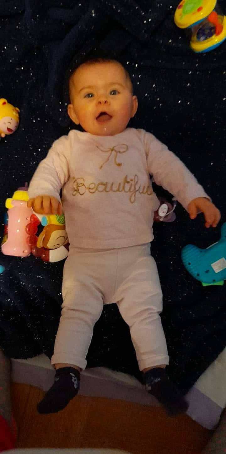 Eleanna participe au concours pour gagner de l'argent avec cette photo : arm, baby, baby_products, baby_toddler_clothing, cheek, child, finger, fun, happy, head, nose, organ, person, pink, sitting, skin, sleeve, stuffed_toy, textile, toddler