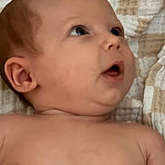 Sutton is registered to the contest to win money with this photo: baby, infant, face, skin, head, ear, mouth, eyes, blanket, quilt, expression, curious, closeup, portrait, child, newborn, soft, indoors, lying, young