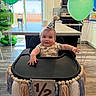 baby, high_chair, party_hat, tassels, banner, balloons, smiling, celebration, kitchen, table, water_bottle, flooring, window, cabinet, stove, countertop, infant, person, face, happy