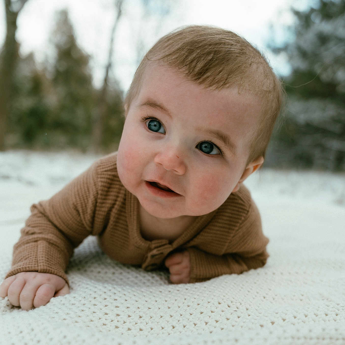Jason joined the competition — help win amazing prizes! baby, infant, child, blue_eyes, brown_sweater, knitted_blanket, outdoor, winter, trees, nature, portrait, cute, curious, face, skin, hands, closeup, crawling, soft_light, background_blur