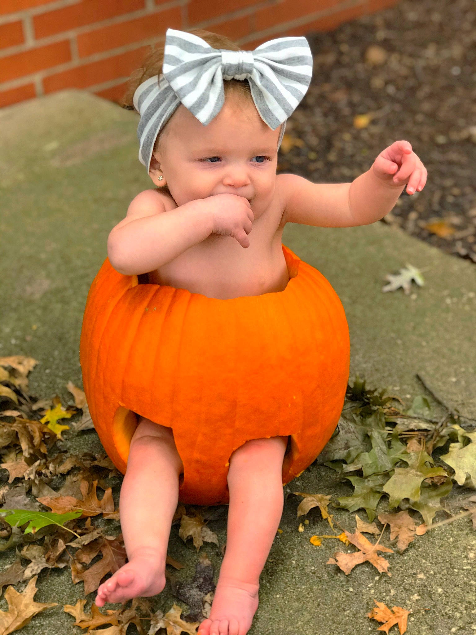 Kenzley joined the competition — help win amazing prizes! baby, calabaza, child, costume, cucurbita, fawn, joy, leaf, orange, person, plant, pumpkin, toddler, winter_squash