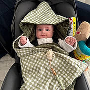 Lucie participe au concours pour gagner de l'argent avec cette photo : baby, blanket, car_seat, checkered_pattern, child, clothing, cute, face, fist, green, hood, indoor, infant, plush_toy, portrait, seat, smiling, toy, white_clothing, young_child