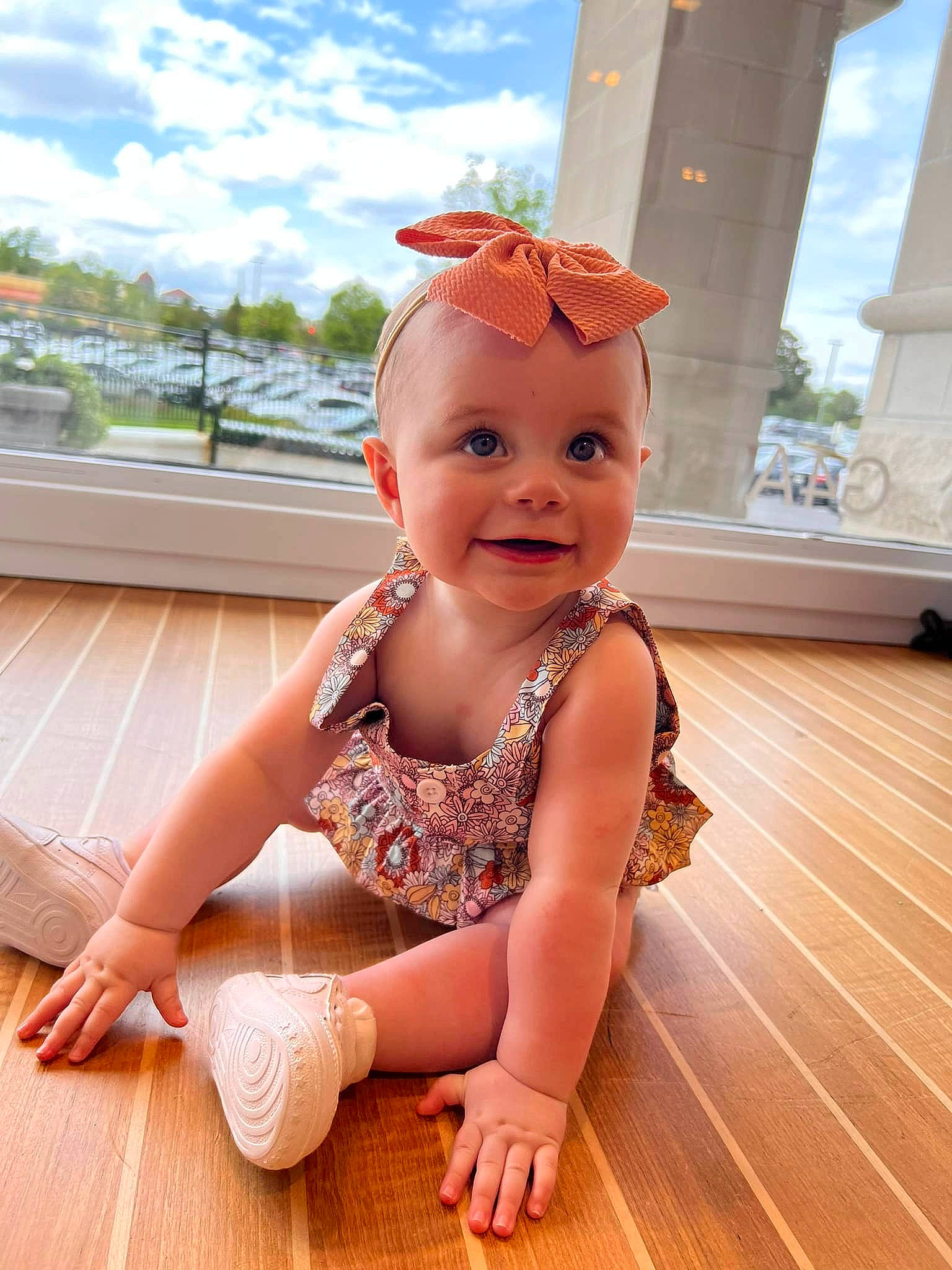 Katalina joined the competition — help win amazing prizes! baby, baby_toddler_clothing, child, cloud, finger, flooring, fun, grass, happy, hardwood, headband, headpiece, human_leg, joy, leisure, person, skin, sky, smile, toddler