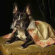 Roscoe joined the competition — help win amazing prizes! dog, french_bulldog, portrait, cushion, lace_collar, necklace, cloak, embroidery, gold, ornate, luxury, regal, indoor, animal, pet, resting, fabric, dark_background, closeup, majestic