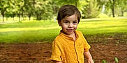 Amelliano is registered to the contest to win money with this photo: child, toddler, yellow_clothing, shorts, shirt, outdoor, forest, trees, grass, sunlight, nature, greenery, smiling, standing, boy, casual_clothing, daylight, happy, footwear, pine_needles